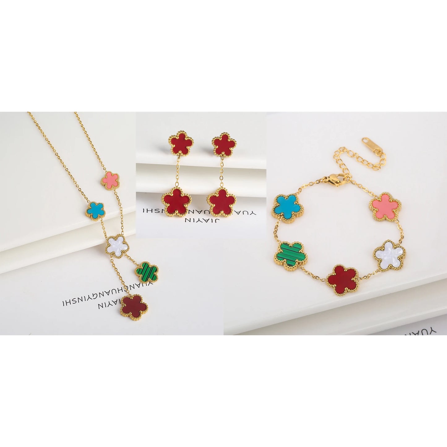 NONED Five-Leaf Clover Jewelry Set Necklace Earrings Bracelet