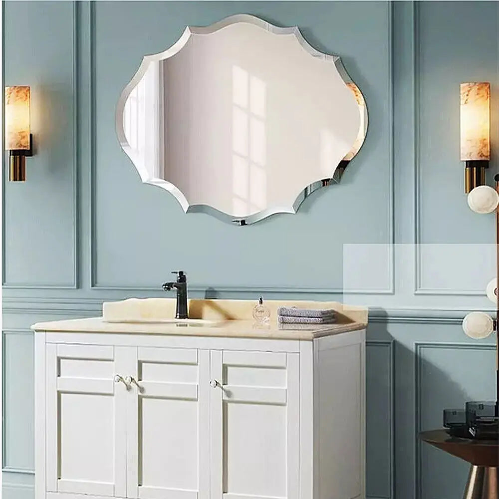 Frameless Scalloped Oval Wall Mirror Decor Beveled Edge Vanity Mirror for Bathroom Bedroom Living Room Dining Room Entry