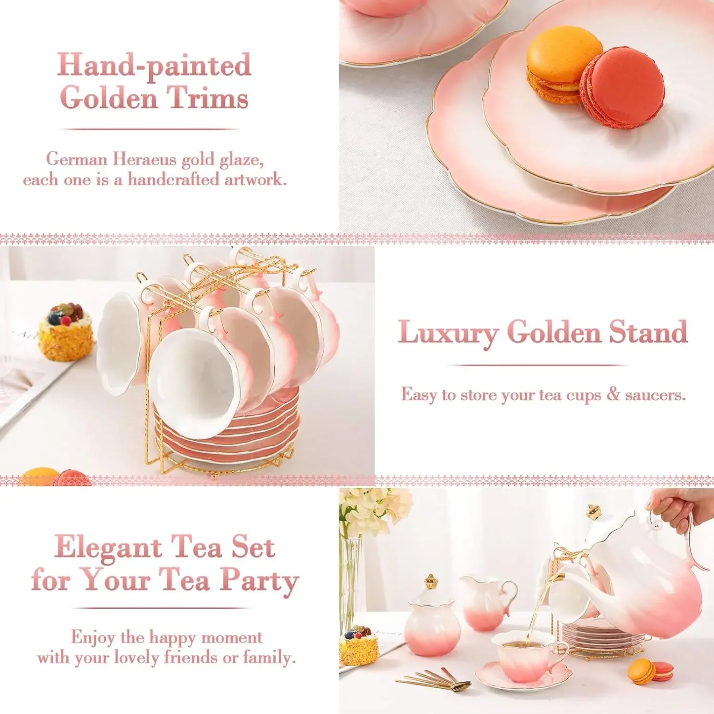 Luxury British Porcelain Tea Set For Six With Gold Trim