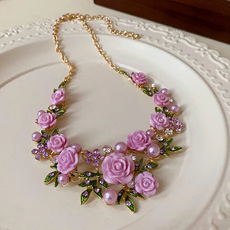 Romantic Rose Jewelry Set Necklace Bracelet Earrings For Women Fashion