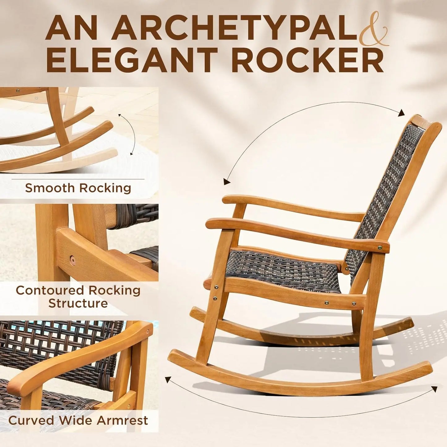 Durable Eucalyptus Wood Rocking Chair With Wicker Comfort For Patio