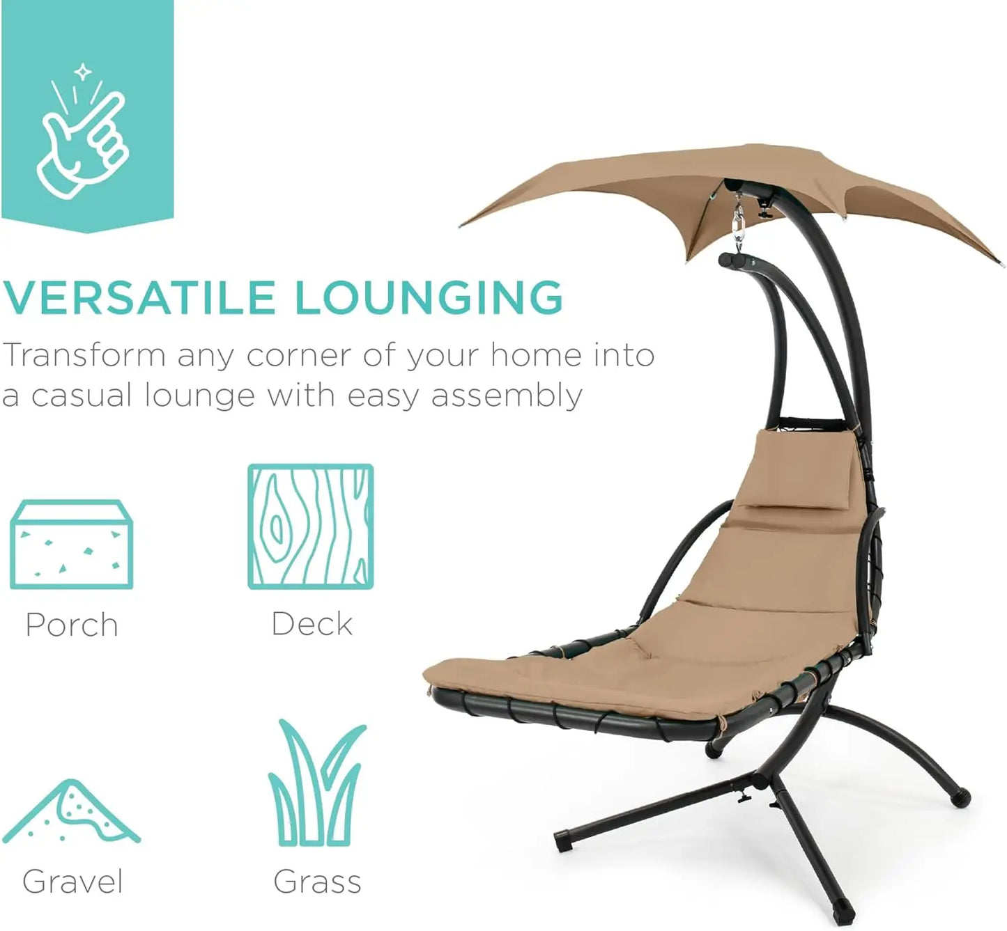 Outdoor Hanging Curved Steel Lounge Chair with Canopy and Pillow