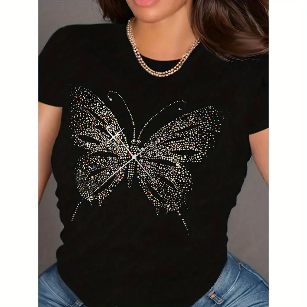 Butterfly Pattern Crew Neck T Shirt For Women Summer Casual