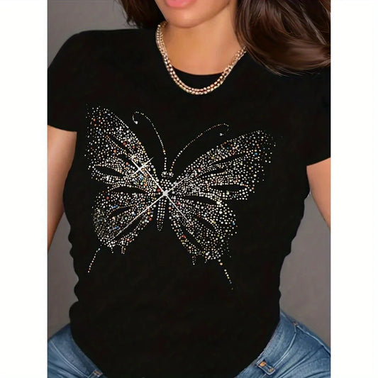 Butterfly Pattern Crew Neck T Shirt For Women Summer Casual