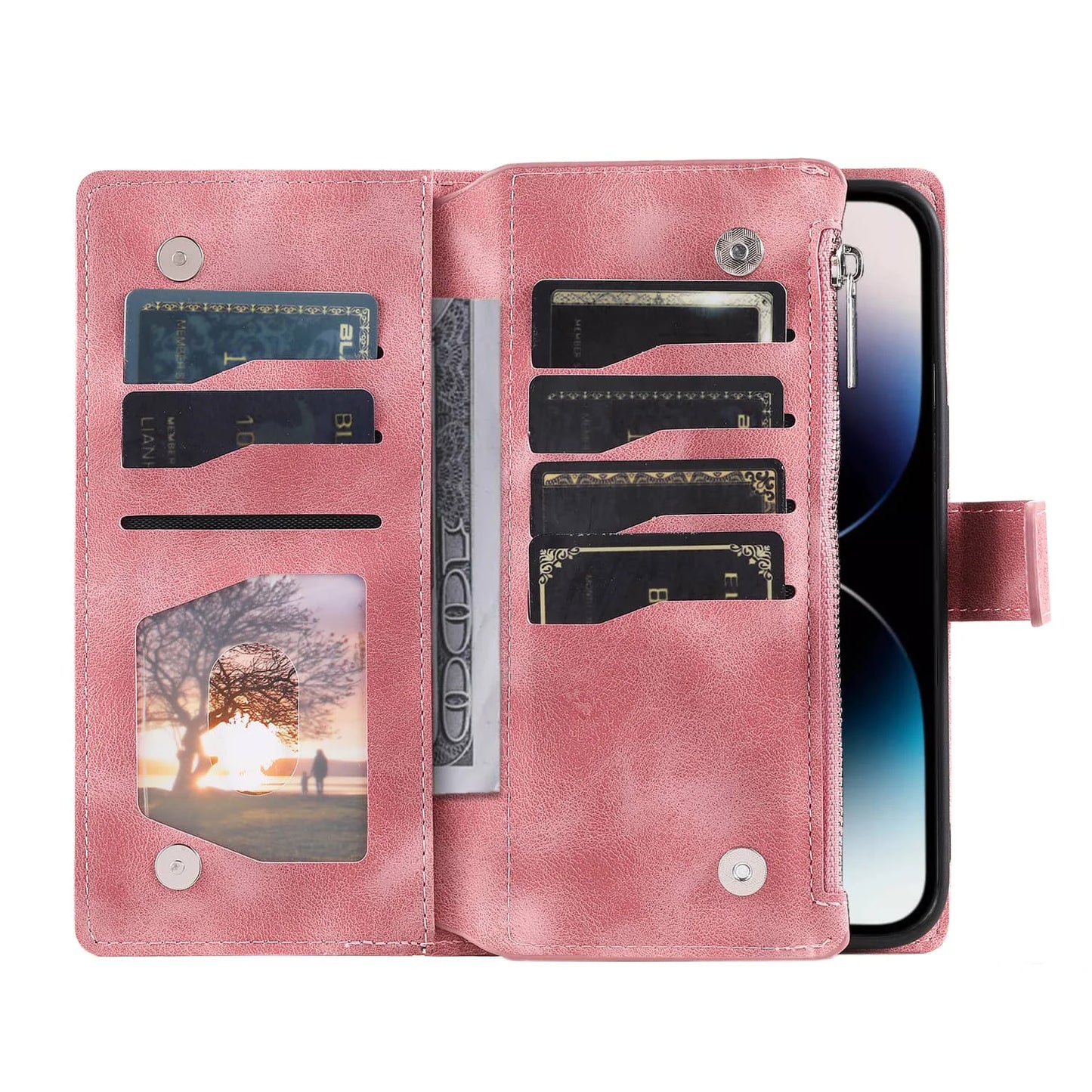 iPhone Wallet Case With Zipper Card Holder And Strap