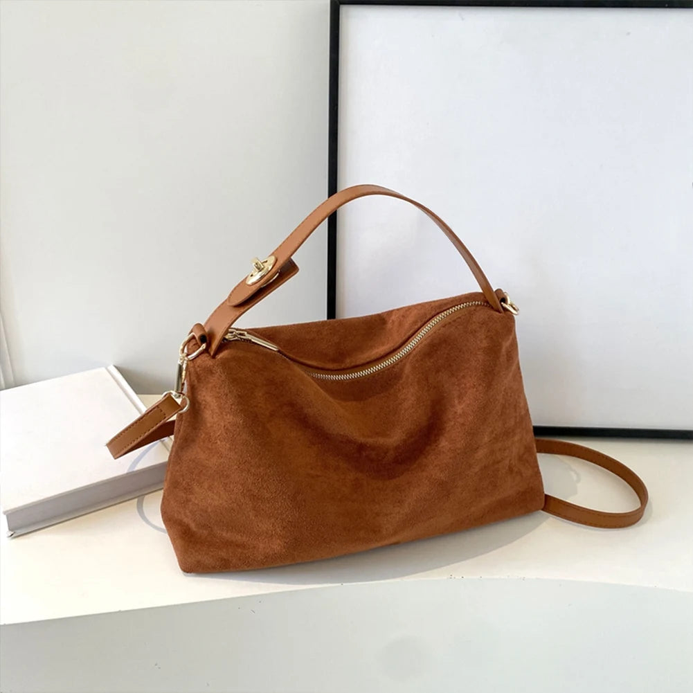 Women Suede Shoulder Bag With Inner Pocket And Adjustable Strap