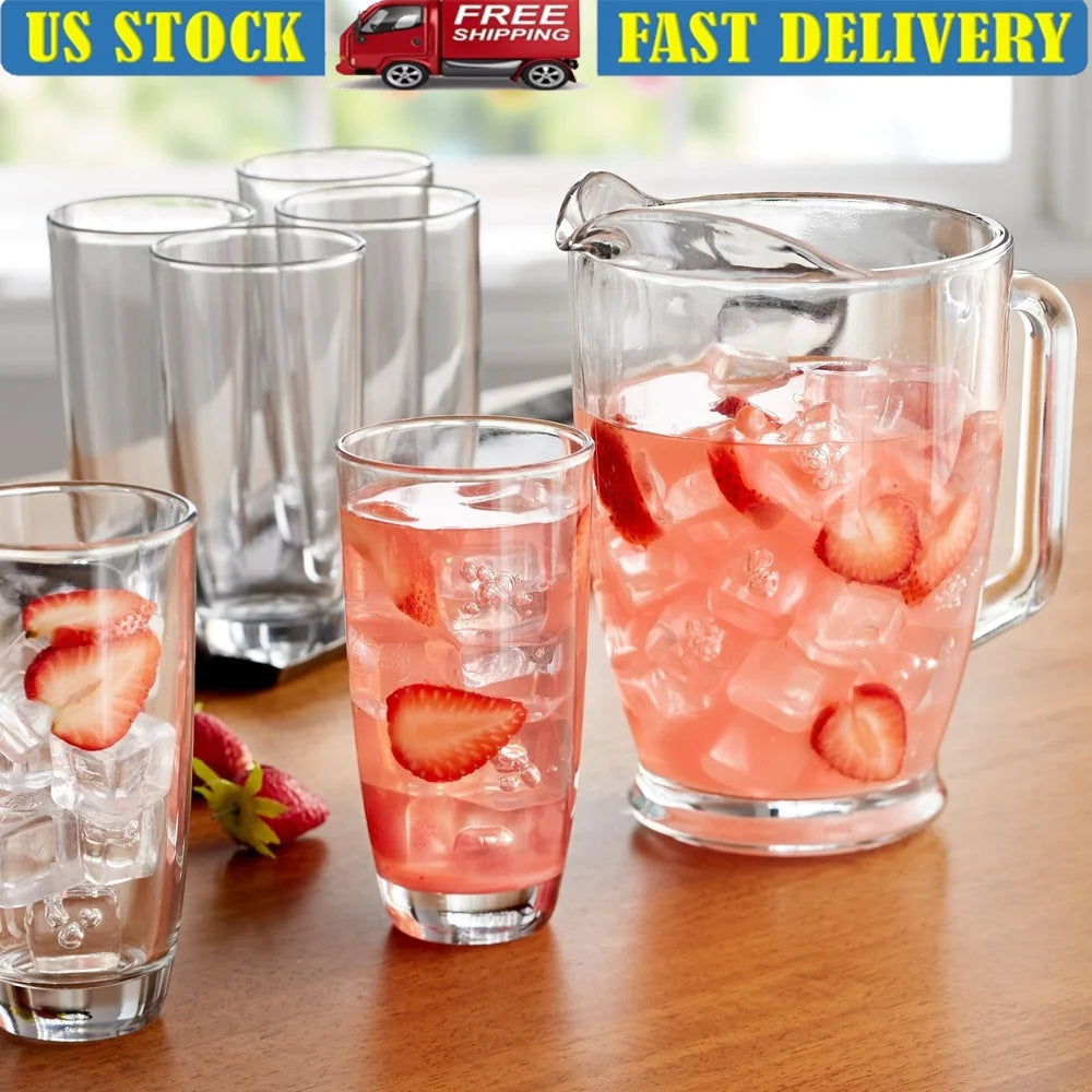 Clear Glass Pitcher And Tall Glasses Set For Iced Beverages
