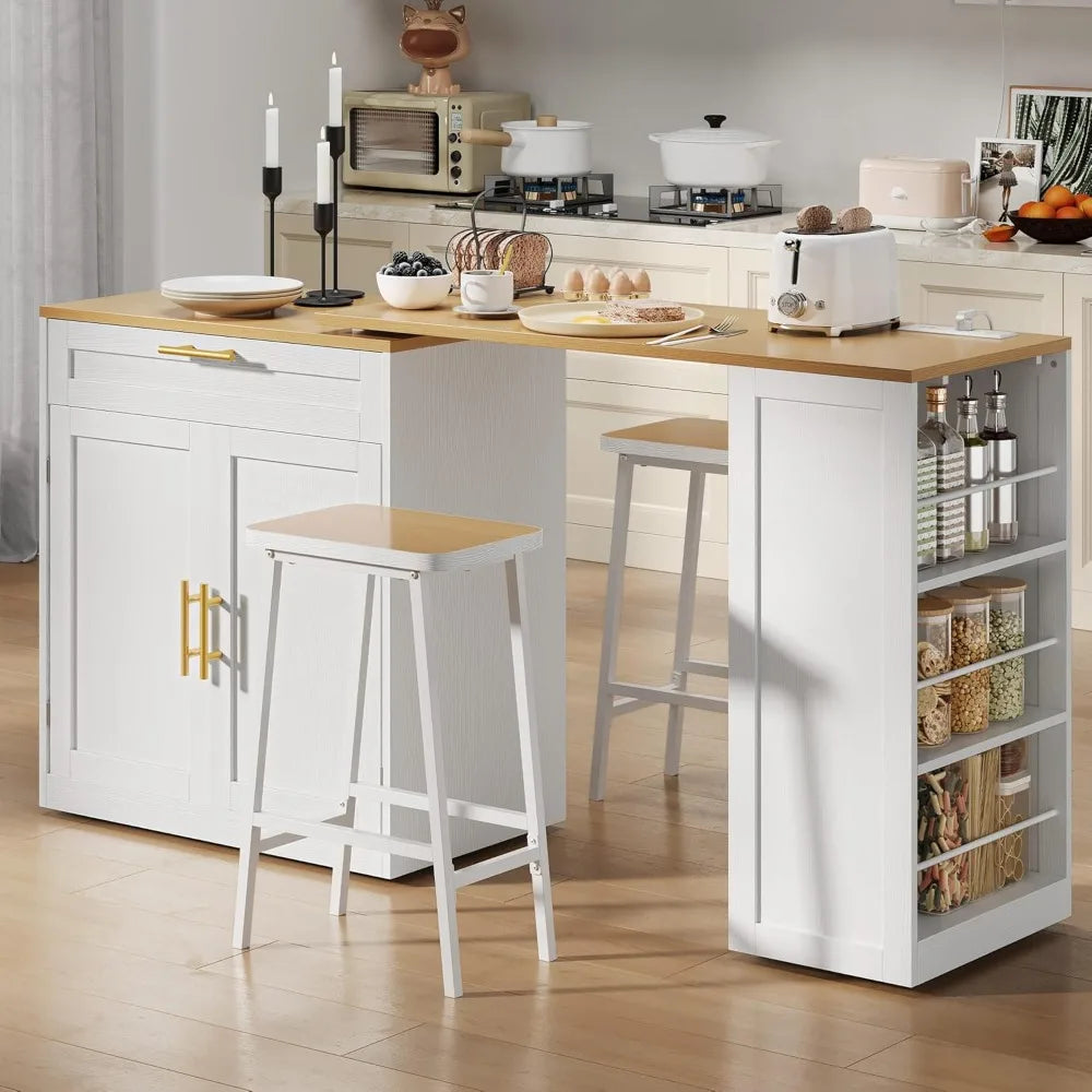 Modern Kitchen Island With Extendable Dining Table And Rolling Storage