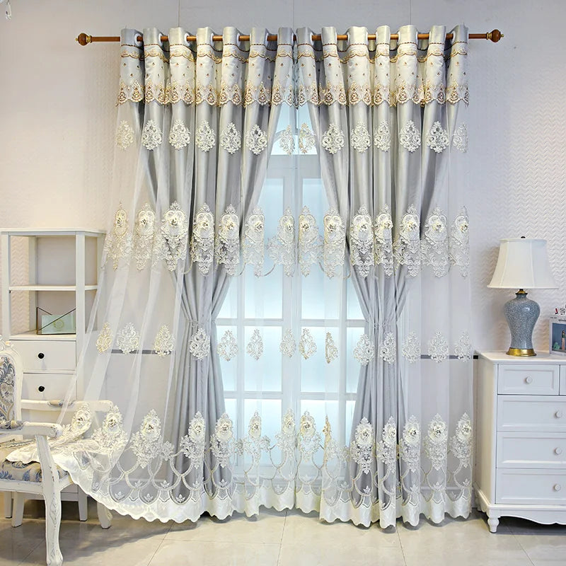 Elegant Double Layer Curtains With 3D Embroidered Detailing