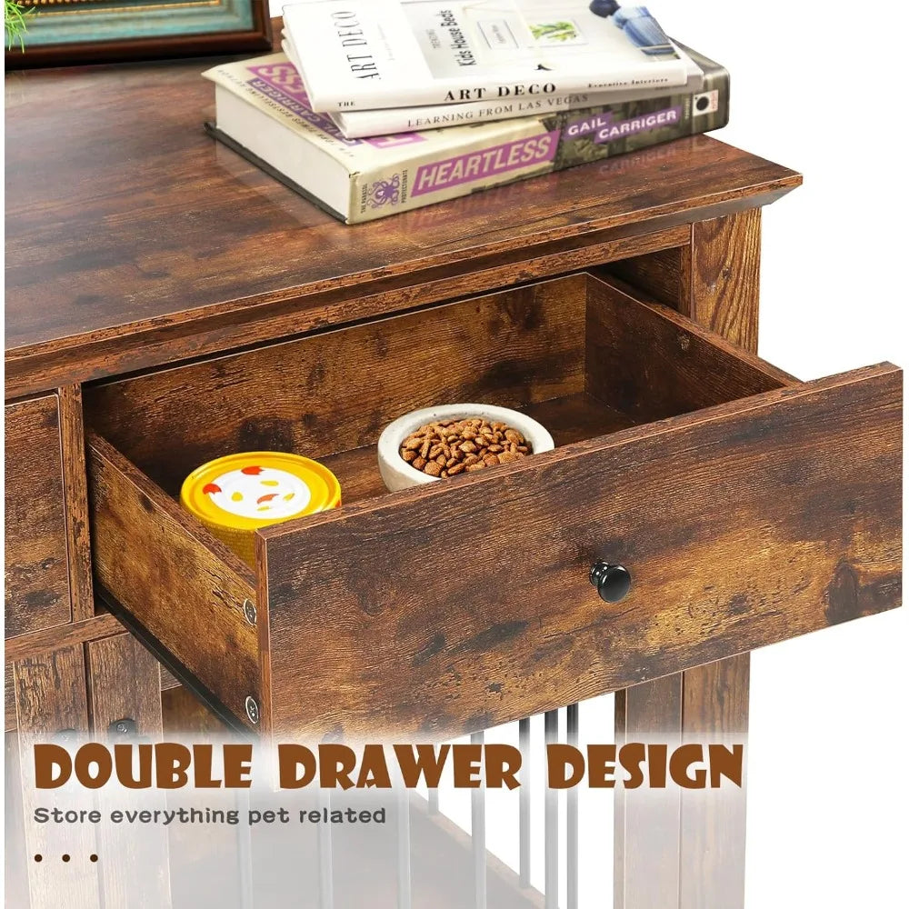 Wooden Dog Crate End Table With Storage Drawers Decorative