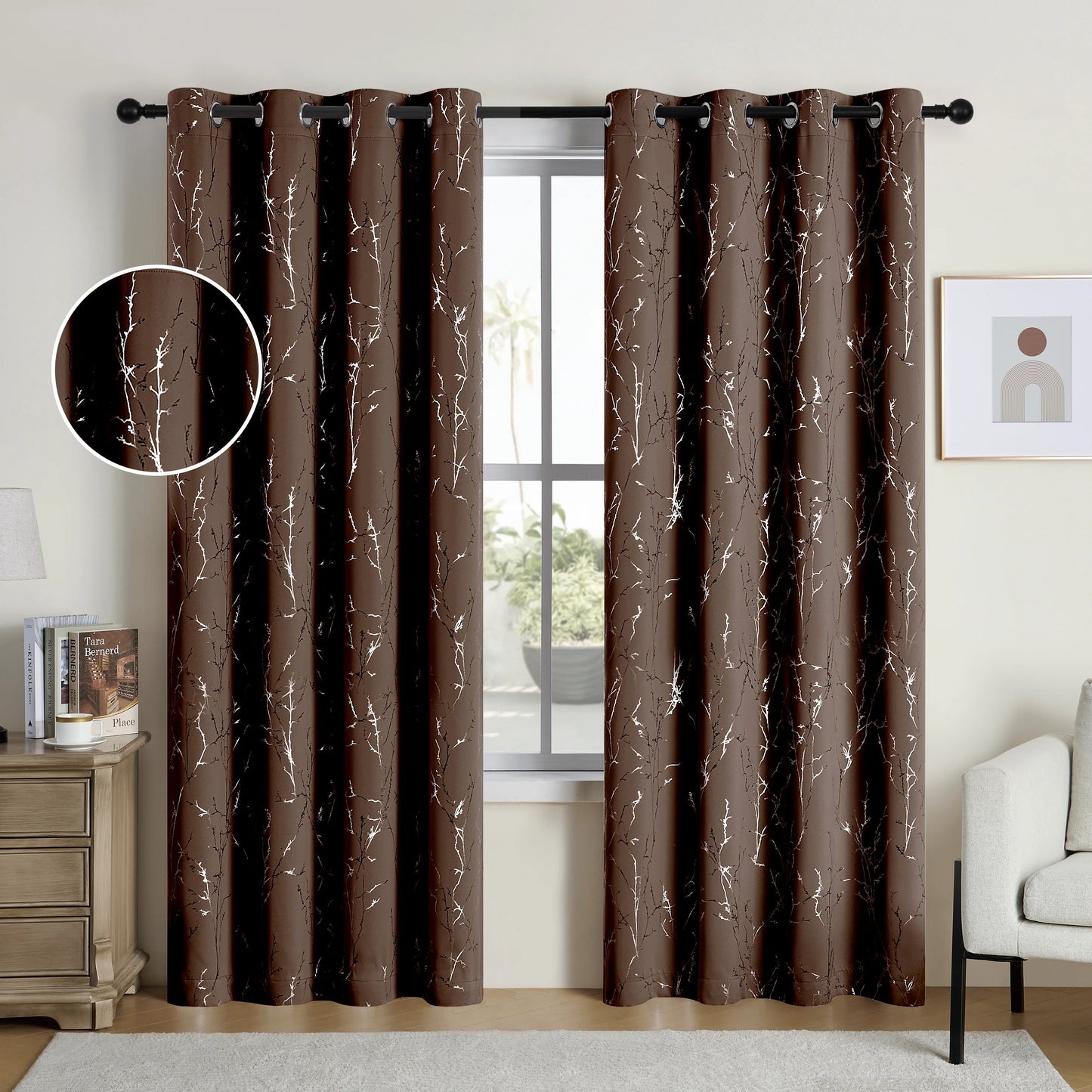 Pack Of 2 Blackout Curtains Grommet Thermal Insulated Room Darkening Tree Print For Bedroom