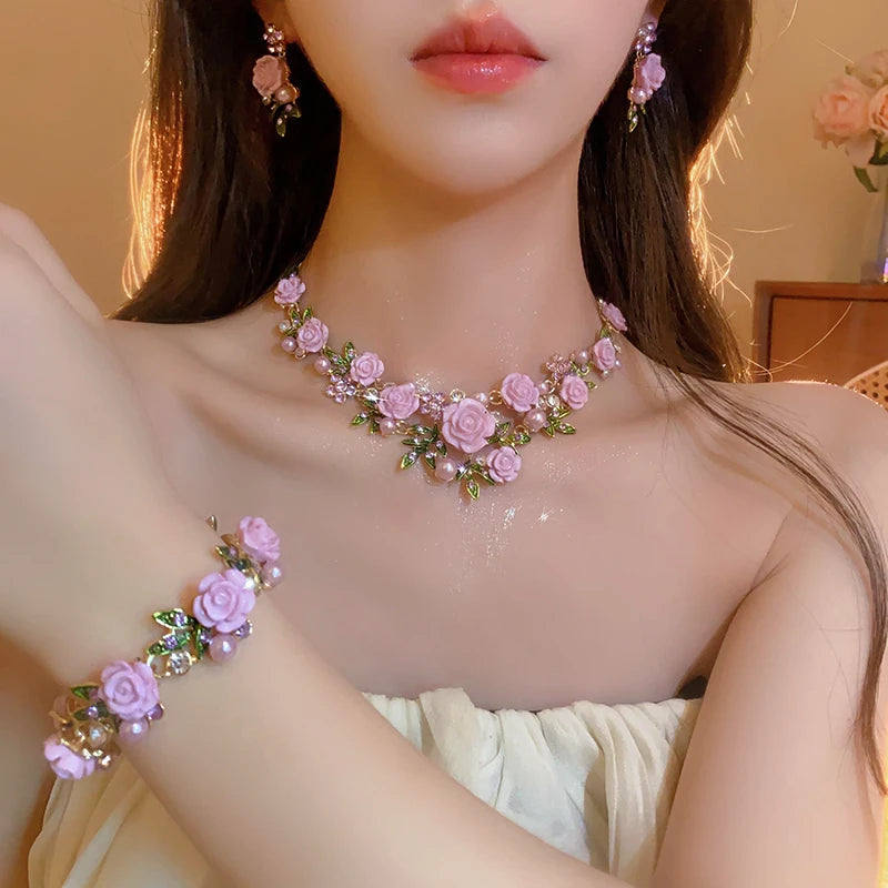 Romantic Rose Jewelry Set Necklace Bracelet Earrings For Women Fashion