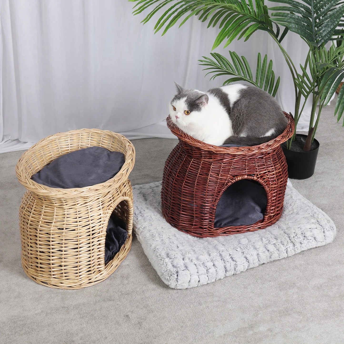 Two Tier Wicker Cat Bed Play House With Plush Cushions