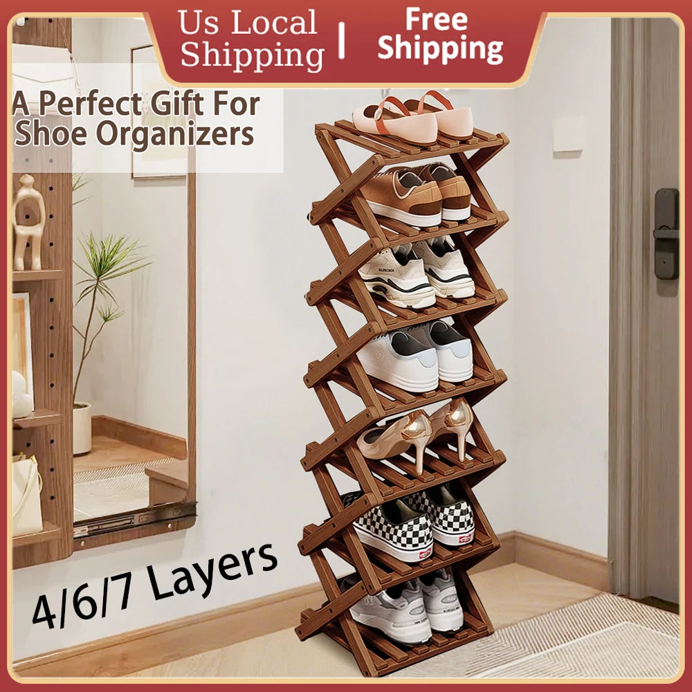 Bamboo Foldable Shoe Rack Free Standing Storage Organizer