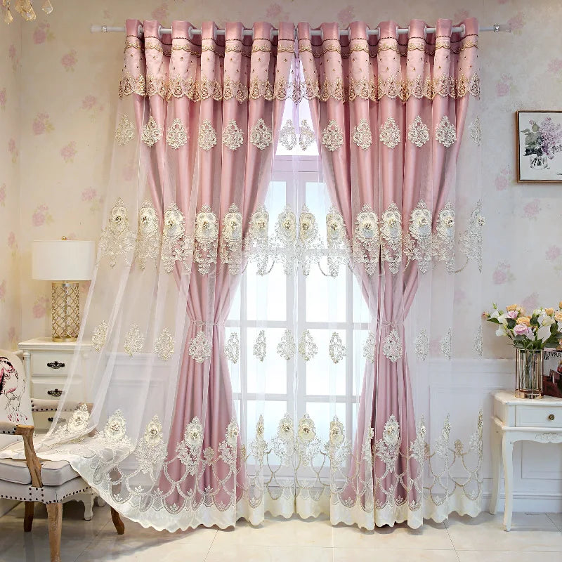 Elegant Double Layer Curtains With 3D Embroidered Detailing
