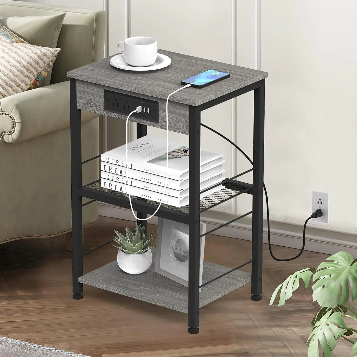 Bedside Table With Three Tier Charging Station And Storage Rack