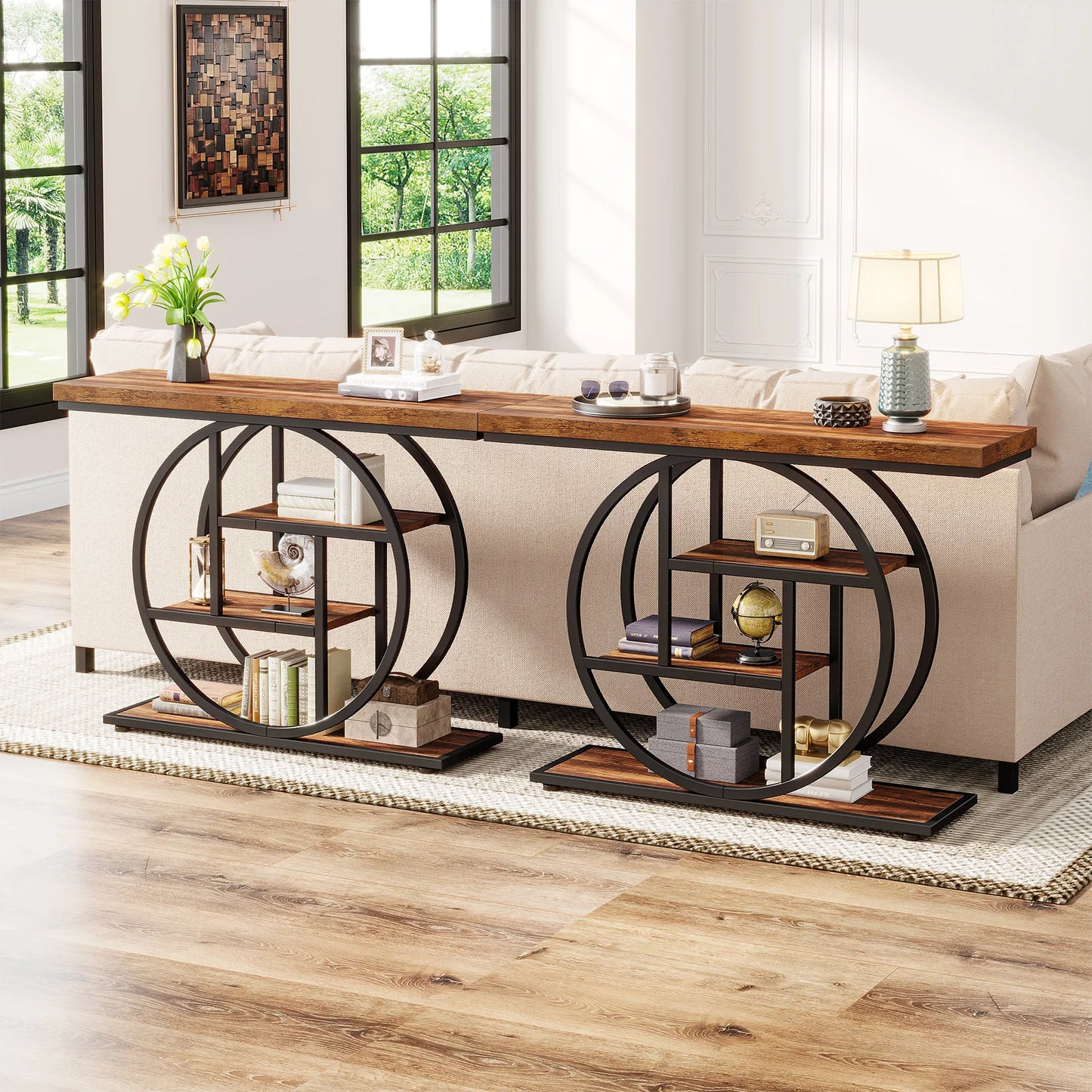 Industrial Console Table With Four Tier Shelves For Entryway