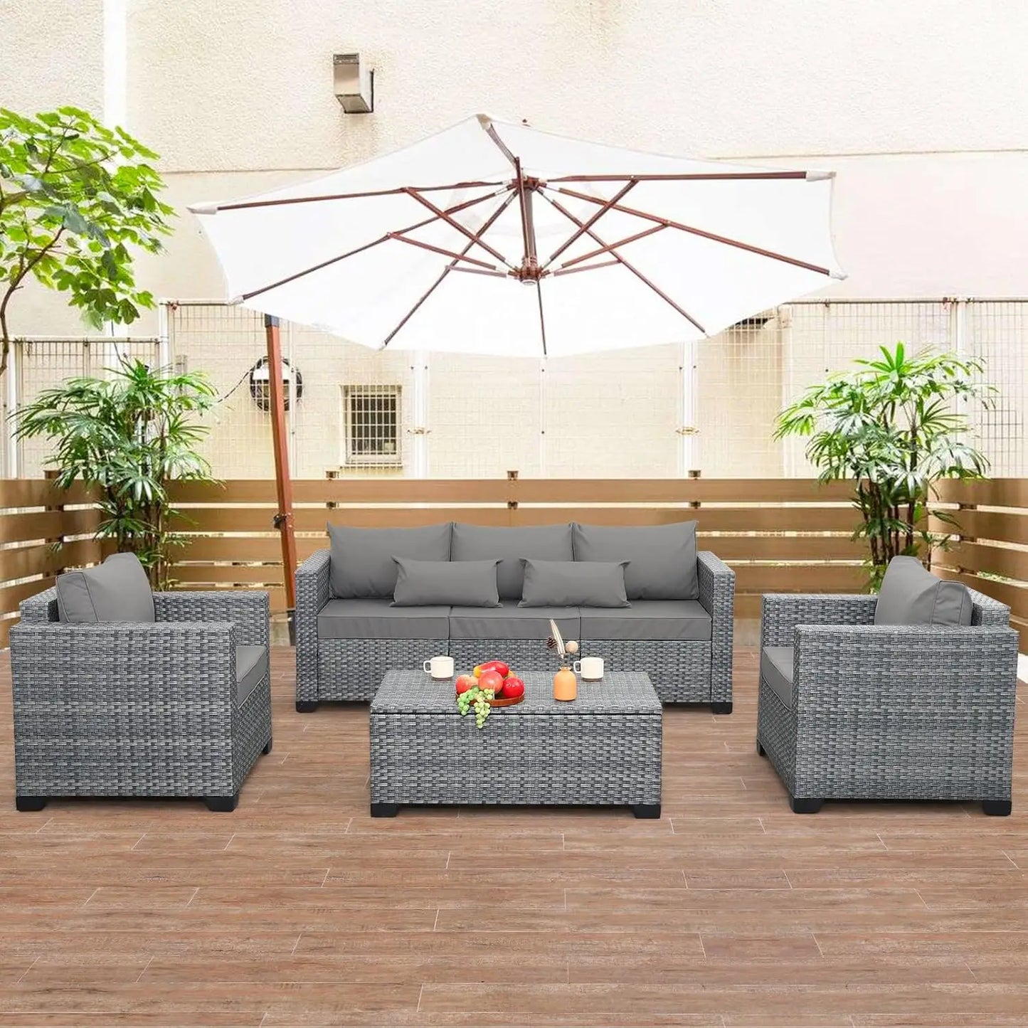 All Weather Wicker Patio Set With Storage Table And Cushions
