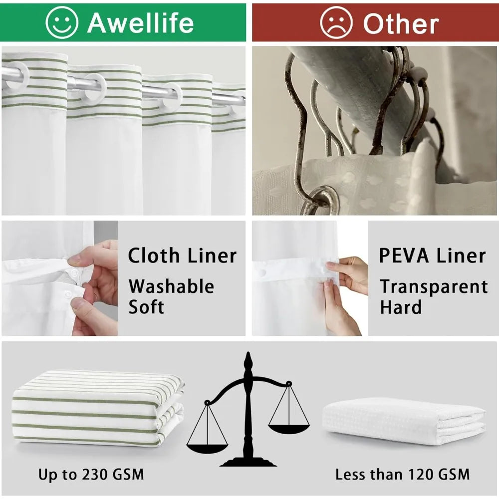 No Hook Shower Curtain With Snap In Liner Cotton Linen