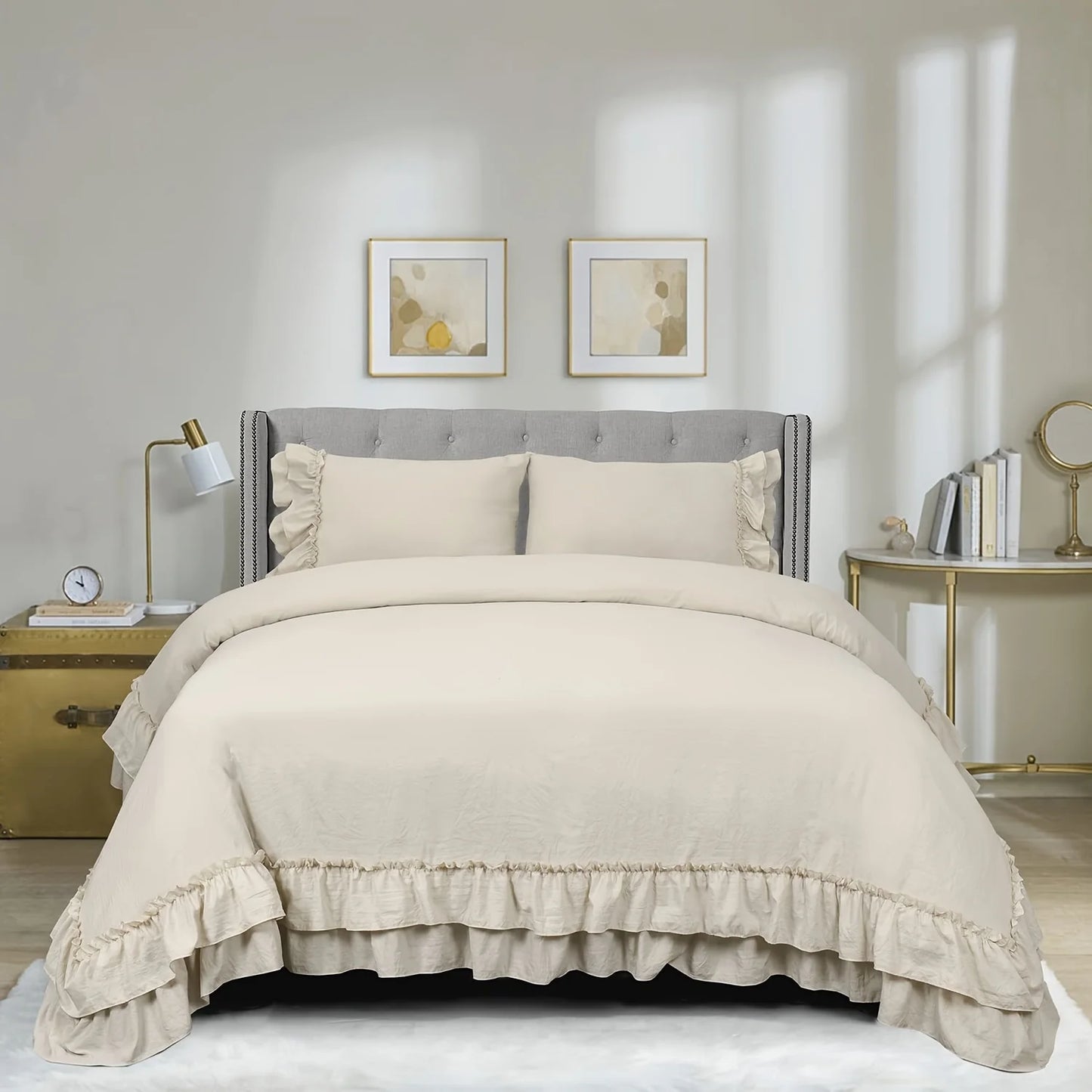 3 Piece Ruffled Duvet Cover Set Queen Farmhouse Ruffle Comforter Set Cozy Microfiber Bedding Set with 1 Ruffle Comforter and 2 Pillowcases