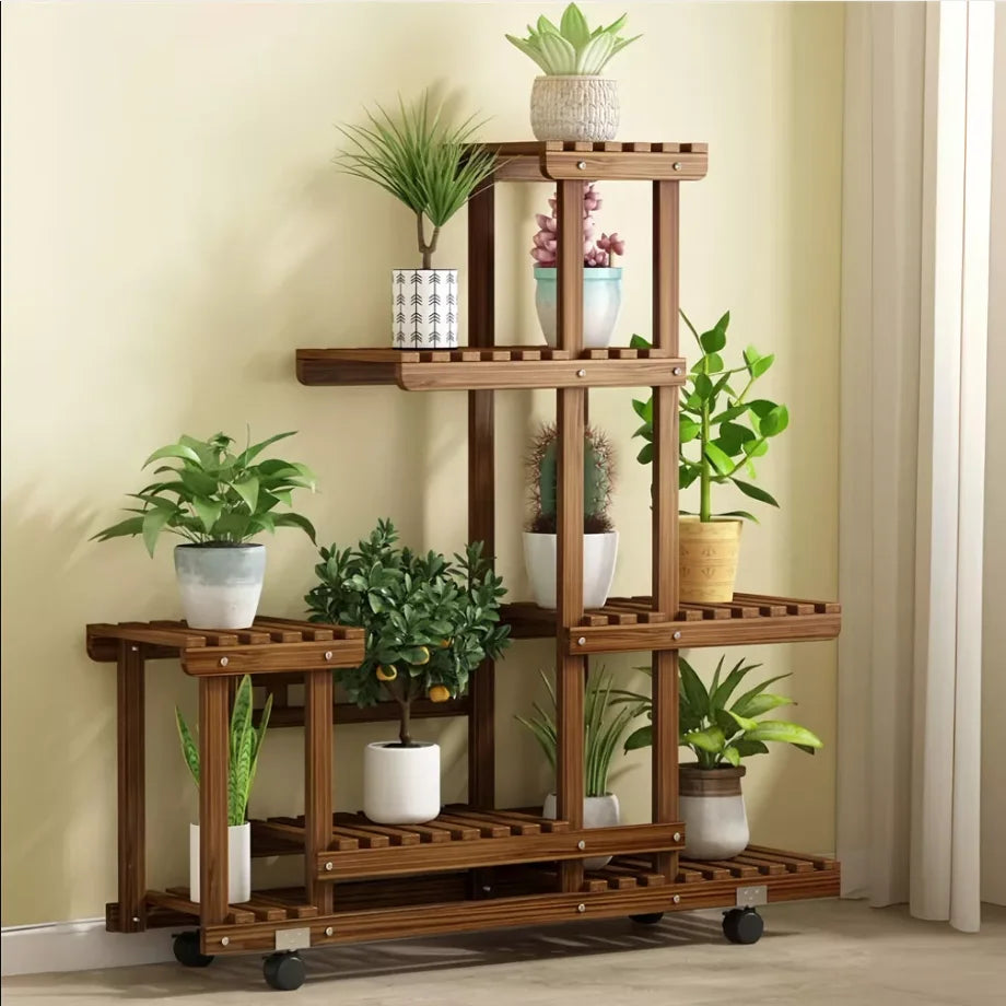 Wisfor Multi Layer Wood Plant Stand With Wheels Indoor Outdoor