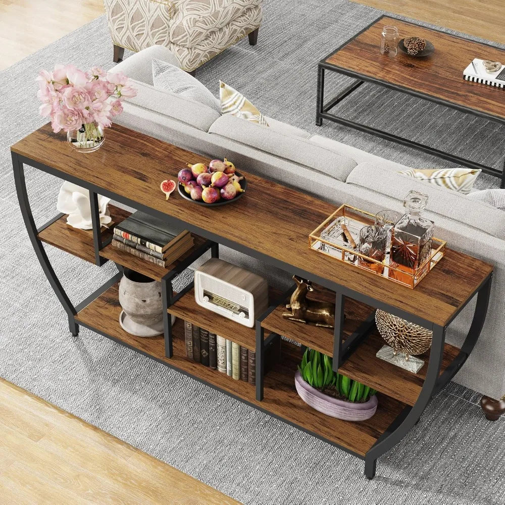 Rustic Industrial Sofa Table With Shelves And Storage