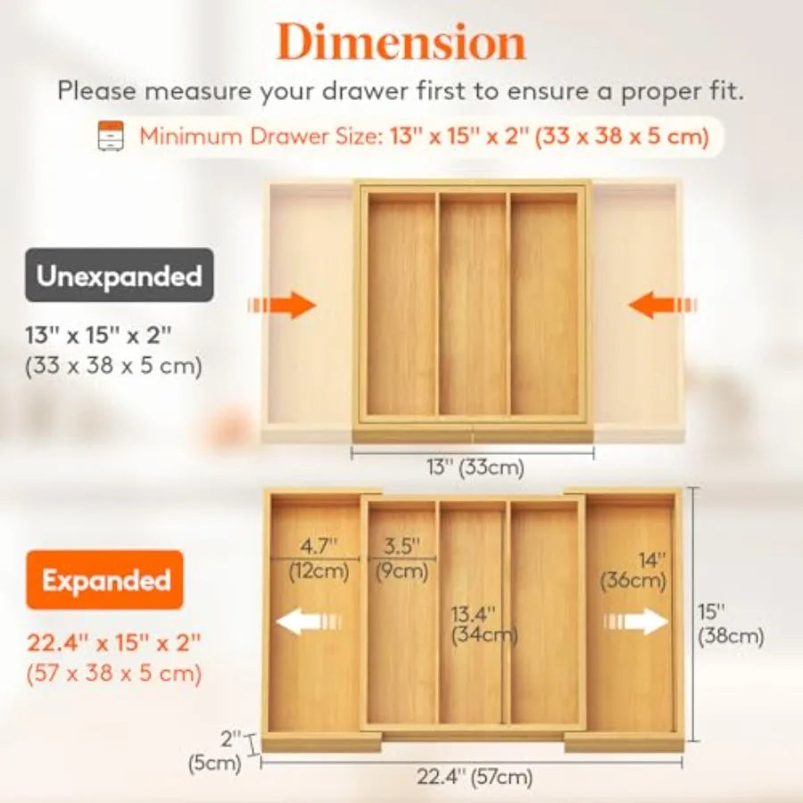 Expandable Bamboo Utensil Organizer for Kitchen Drawer Storage