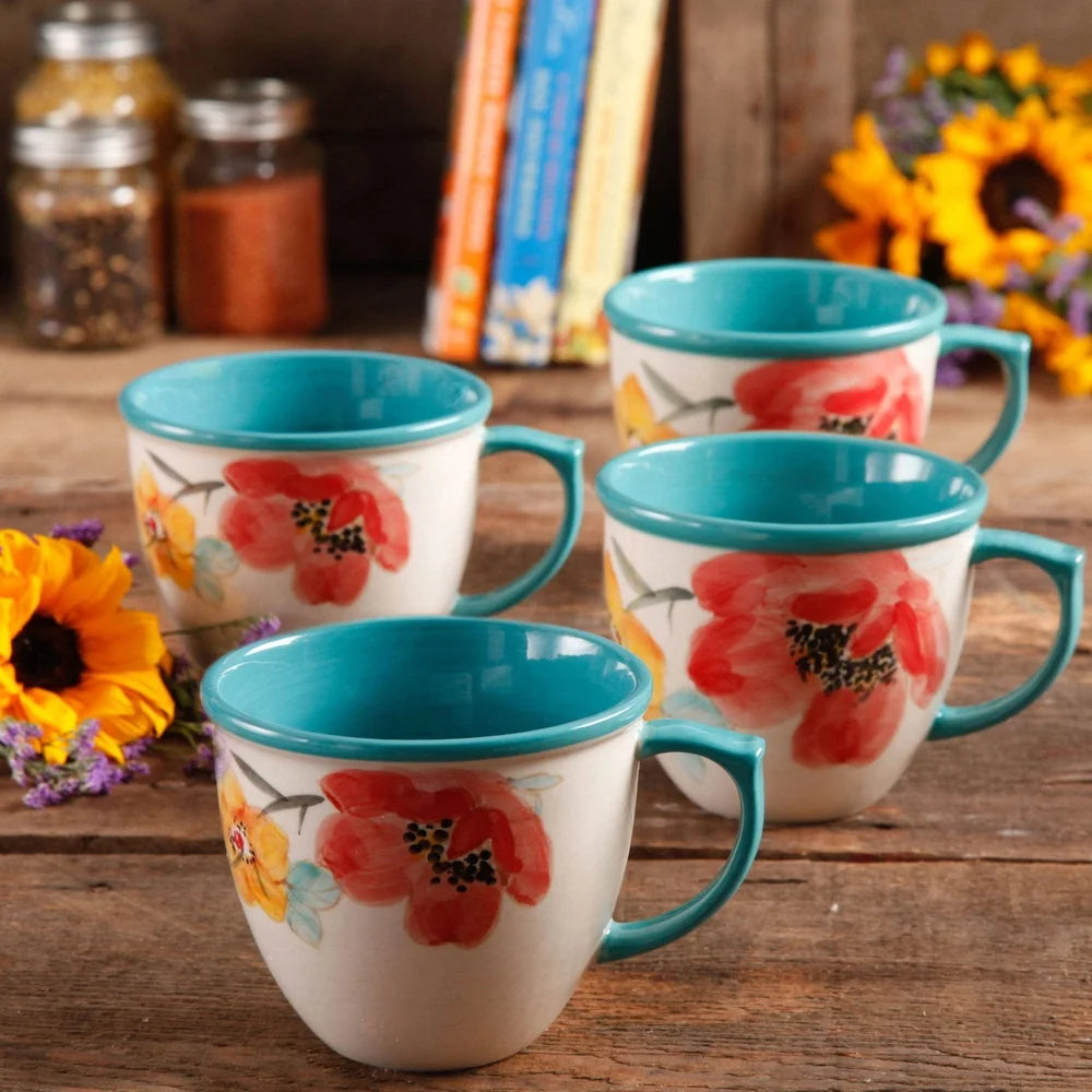 Floral-Patterned 4-Piece Vintage Stoneware Coffee Mug Set For Everyday-Use Kitchen