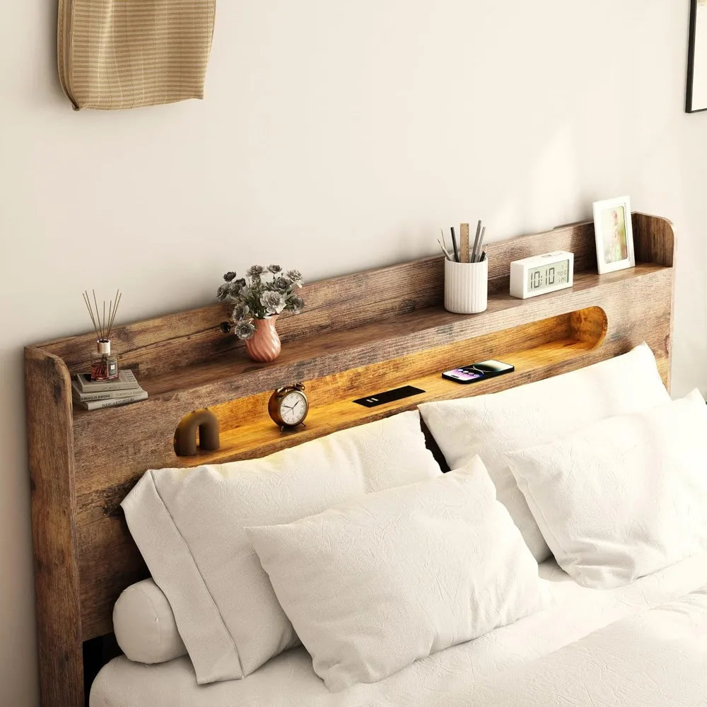Wooden Storage Bed Frame With Headboard And Charging Station