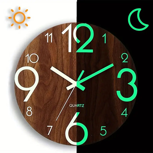 Glow In The Dark Wooden Wall Clock Silent Non Ticking