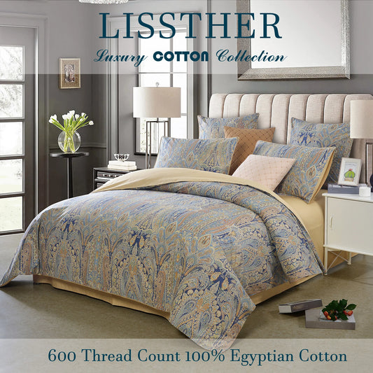 3 Piece 600TC 100 Percent Egyptian Cotton Duvet Cover Set Vintage Bohemian Paisley Royal Soft Skin Friendly