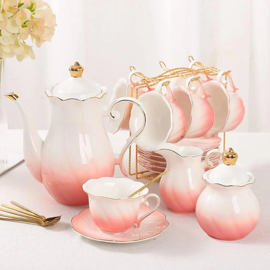 Luxury British Porcelain Tea Set For Six With Gold Trim