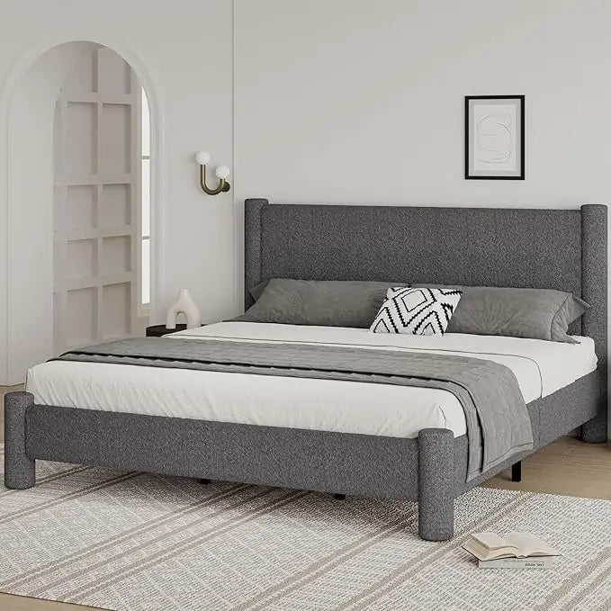 Boucle Upholstered Platform Bed With Headboard Footboard