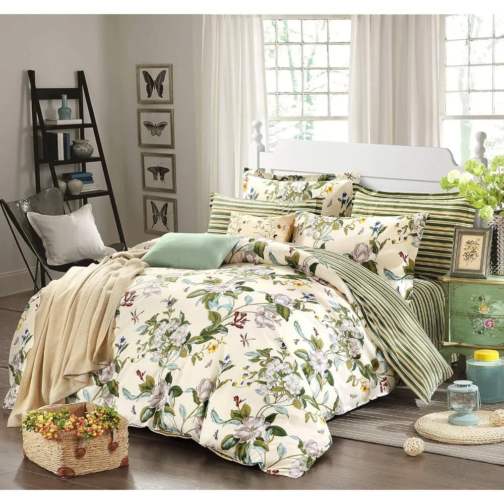 LuxuriouslySoftCottonWeave Striped Floral Duvet Cover Set Reversible Summer Bedding