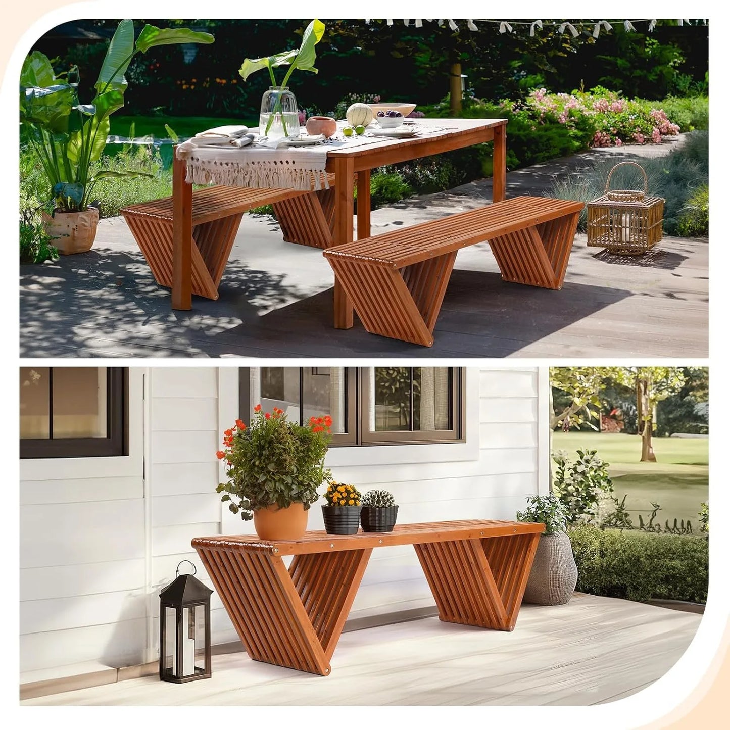 Outdoor Wooden Bench For Patio And Garden Backless Seating