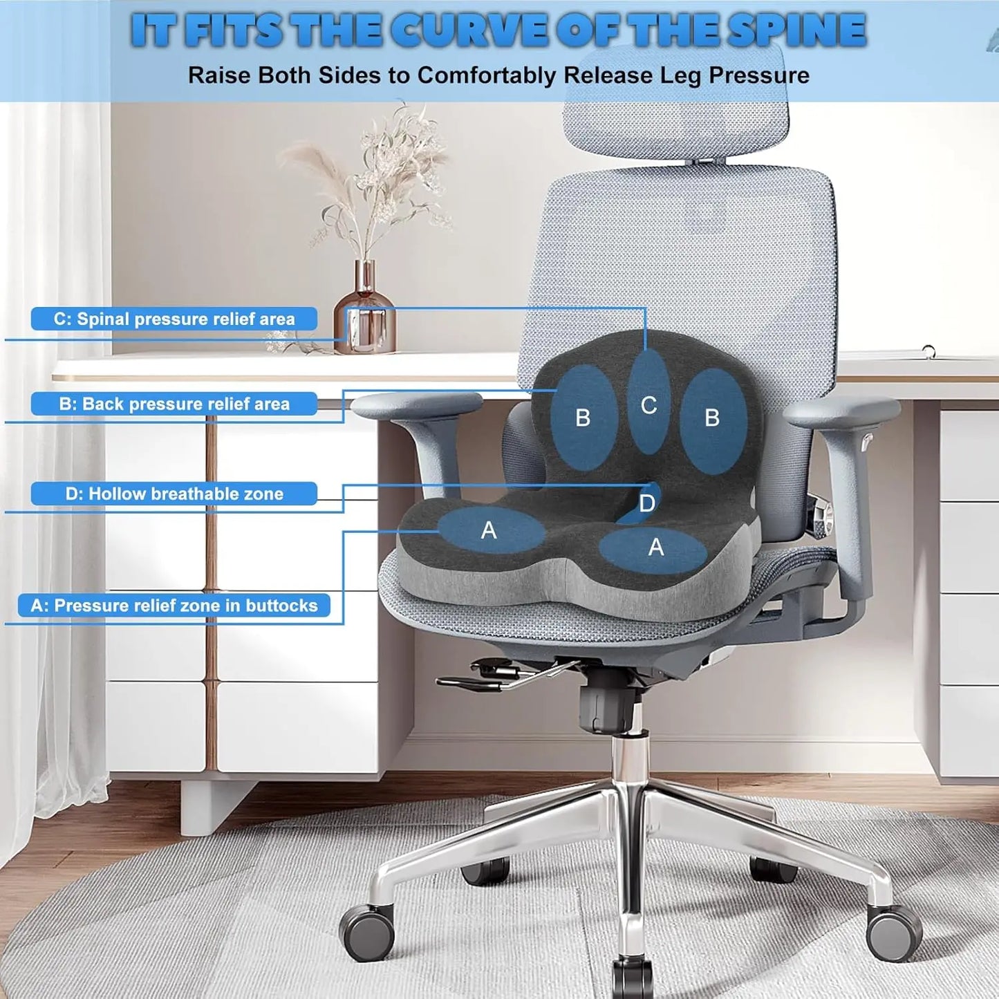 Memory Foam Seat Cushion With Backrest For Office Chair